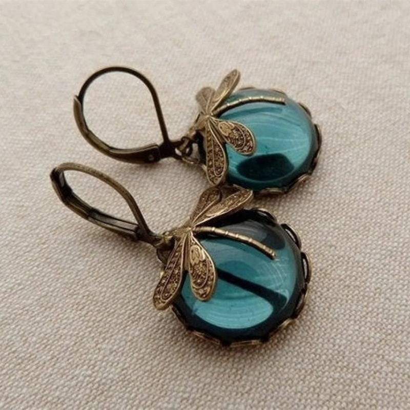Boho Chakra Blue Moonstone Drop Earrings: Vintage Dragonfly Pendant, Fashionable Jewelry for Women, Wedding Charm, Ethnic Style